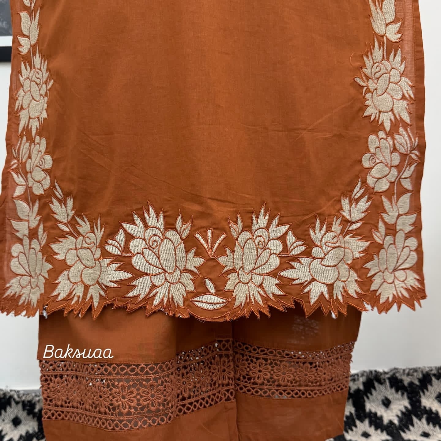 Rusty Orange Premium Cotton Full Embroiderd Suit Set