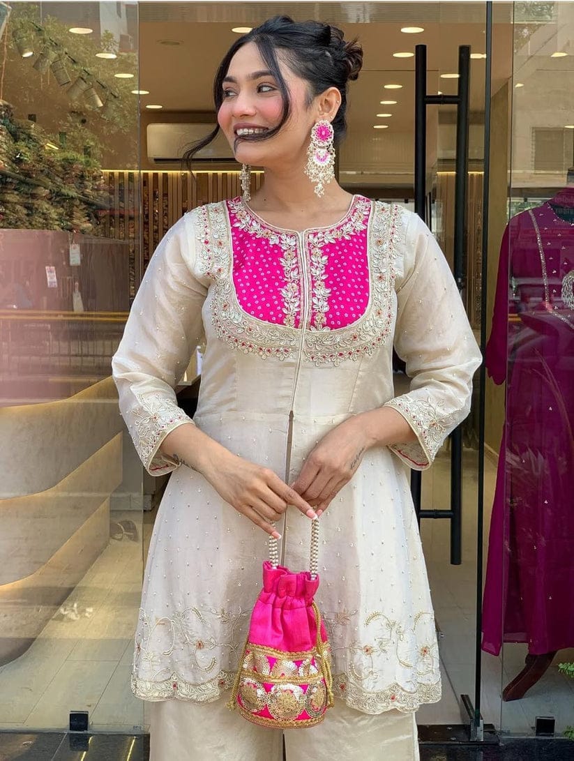 Cream Party Wear Pearl Embroidery Work Readymade Plazzo Suit