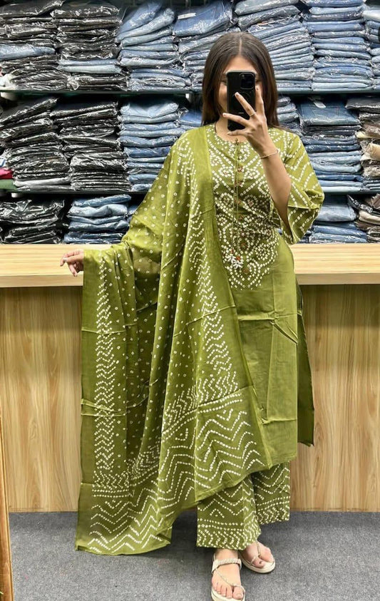 Green Bandhani A-Line Kurta Set with Tassels