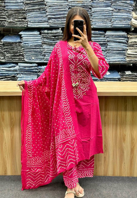 Pink Bandhani A-Line Kurta Set with Tassels