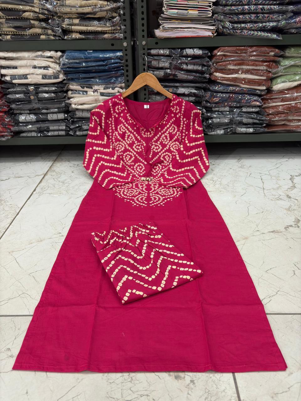 Pink Bandhani A-Line Kurta Set with Tassels