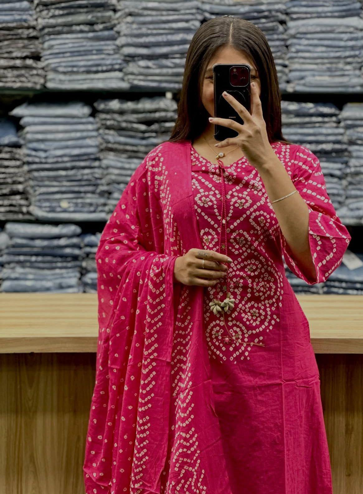 Pink Bandhani A-Line Kurta Set with Tassels