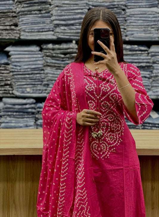 Pink Bandhani A-Line Kurta Set with Tassels