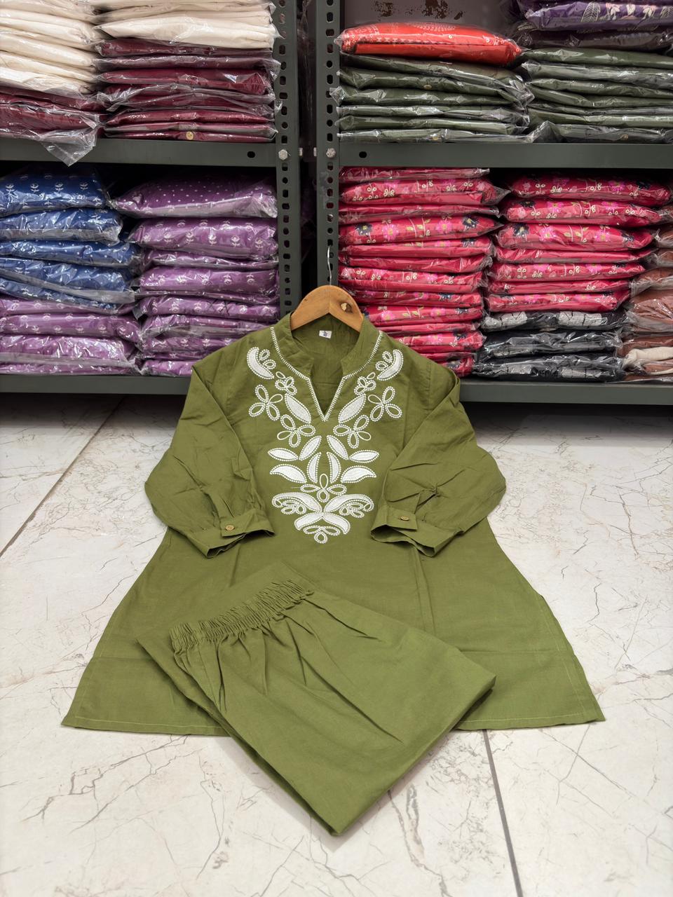 Olive Green Floral Embroidered Co-ord Set – 100% Premium Cotton