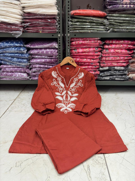 Rust Orange Floral Embroidered Co-ord Set – 100% Premium Cotton
