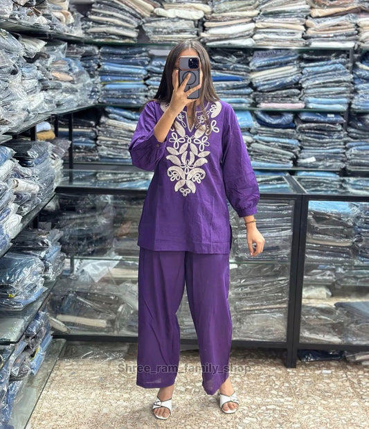 Purple Floral Embroidered Co-ord Set – 100% Premium Cotton