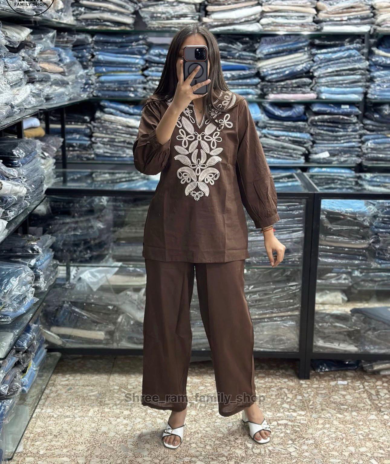 Brown Floral Embroidered Co-ord Set – 100% Premium Cotton