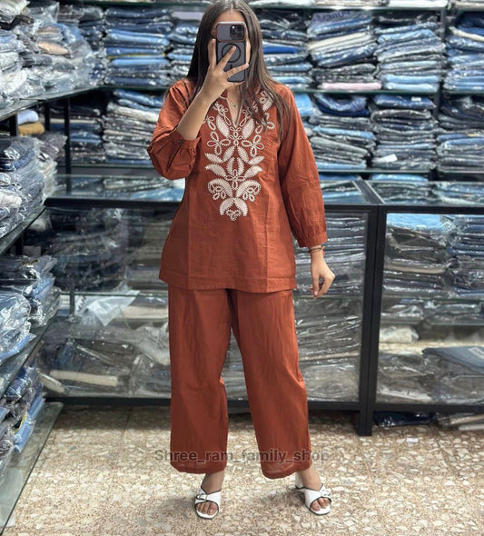 Rust Orange Floral Embroidered Co-ord Set – 100% Premium Cotton