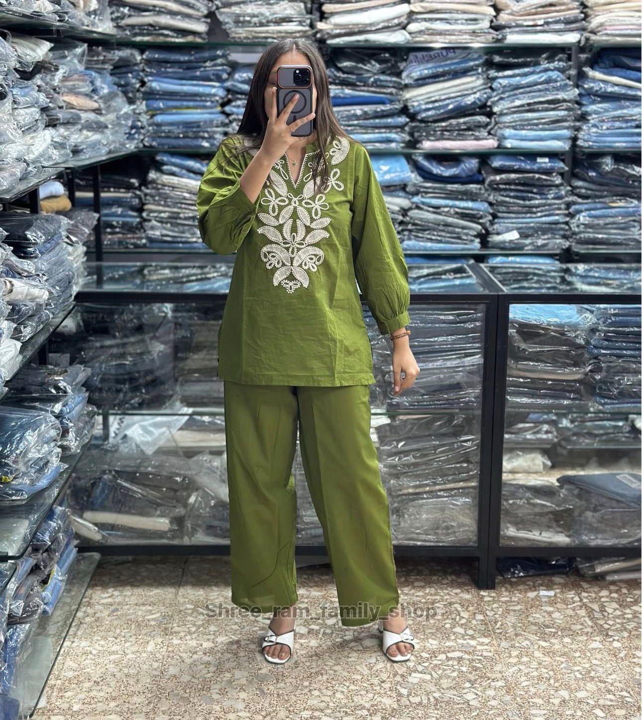 Olive Green Floral Embroidered Co-ord Set – 100% Premium Cotton