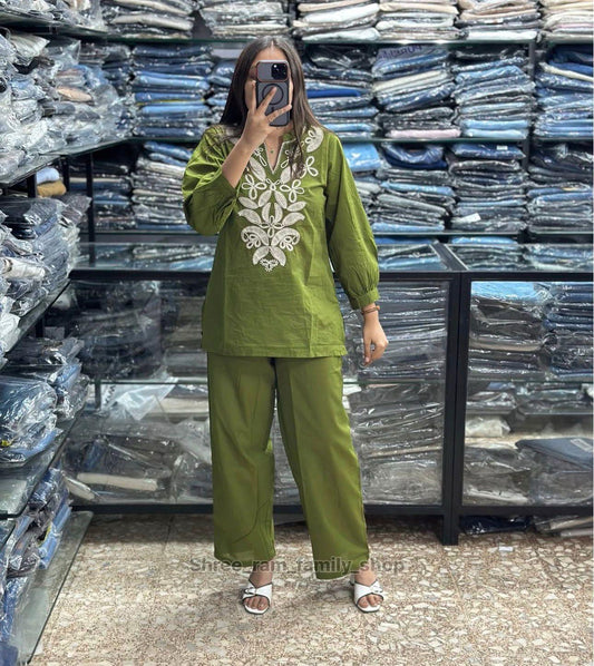 Olive Green Floral Embroidered Co-ord Set – 100% Premium Cotton