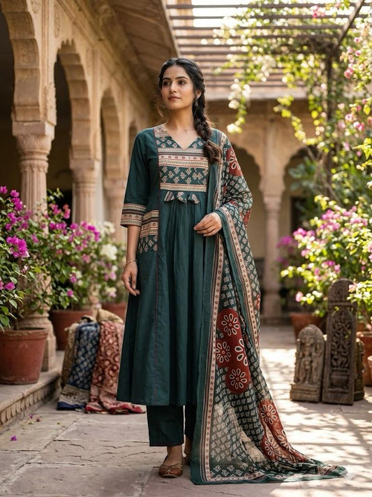 Women's Forest Green Block Print A-Line Suit Set