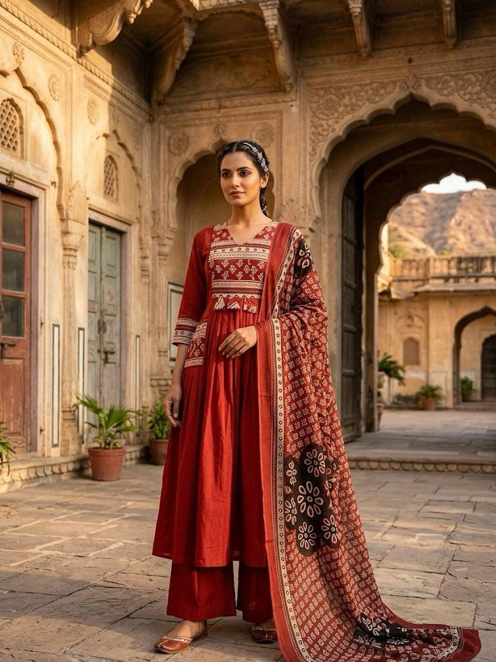 Women's Brick Red Block Print A-Line Suit Set