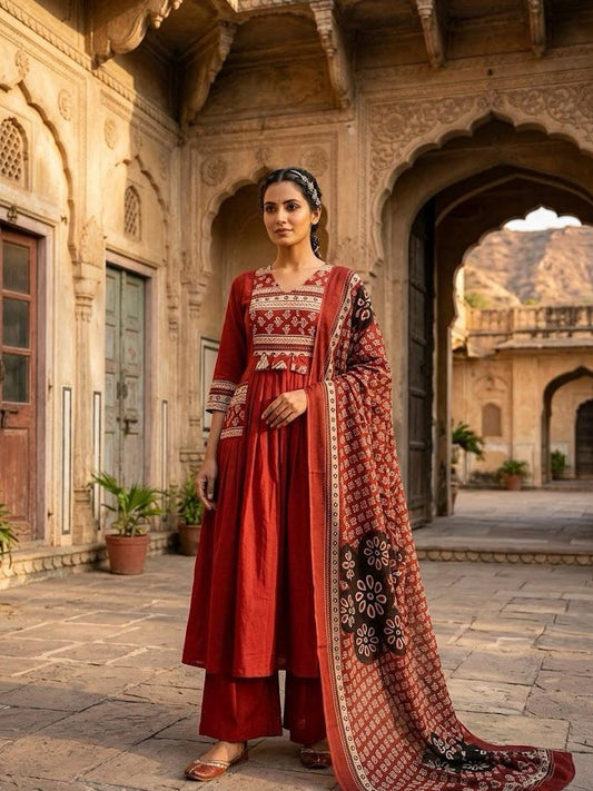 Women's Brick Red Block Print A-Line Suit Set
