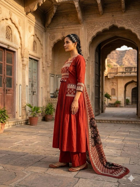 Women's Brick Red Block Print A-Line Suit Set
