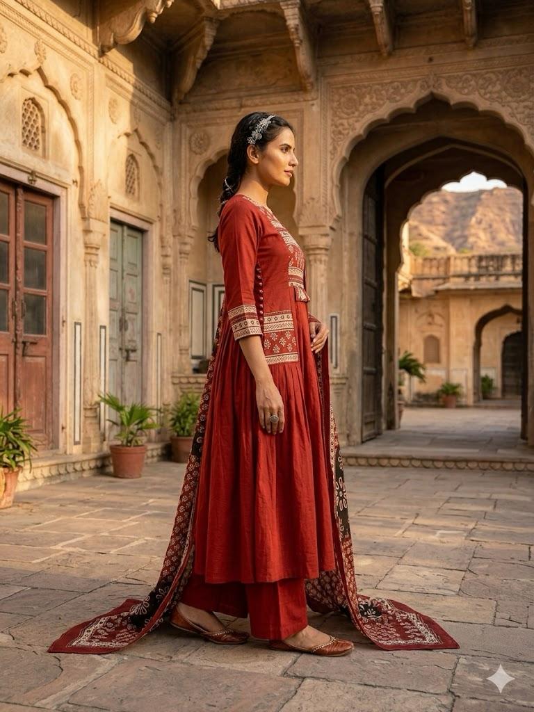 Women's Brick Red Block Print A-Line Suit Set