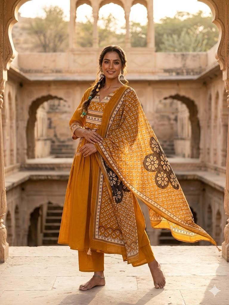 Women's Mustard Yellow Block Print A-Line Suit Set