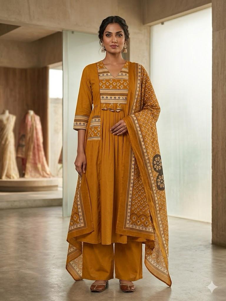 Women's Mustard Yellow Block Print A-Line Suit Set