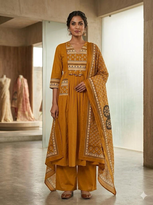 Women's Mustard Yellow Block Print A-Line Suit Set