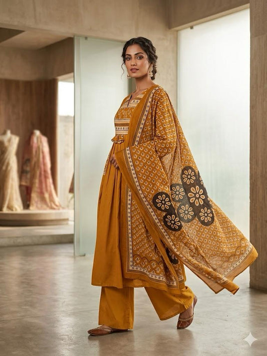 Women's Mustard Yellow Block Print A-Line Suit Set
