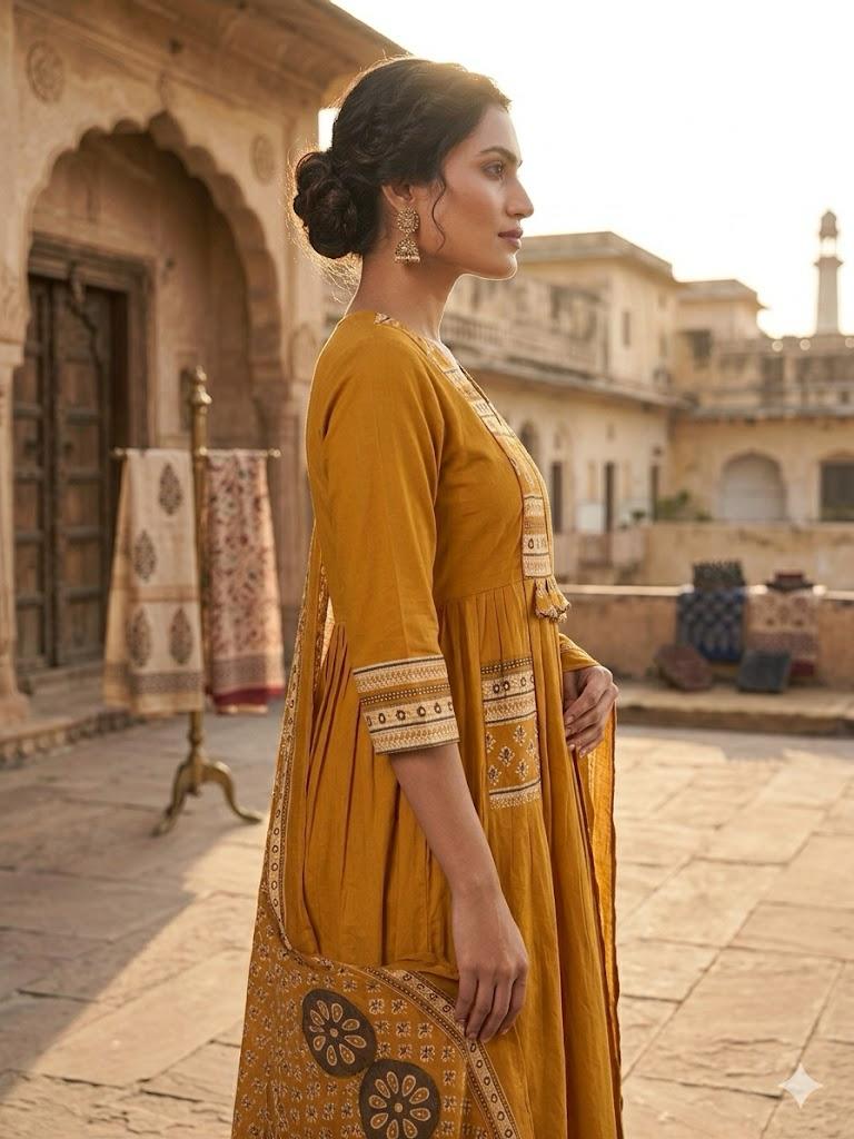 Women's Mustard Yellow Block Print A-Line Suit Set