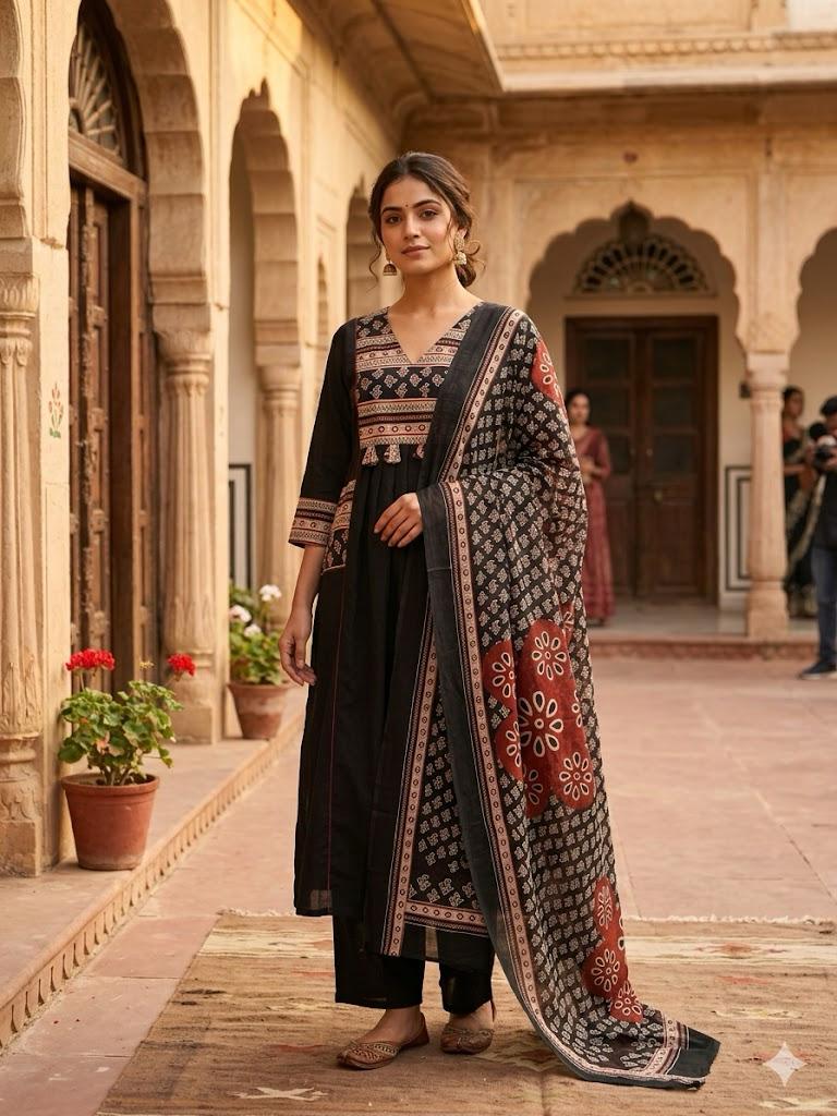 Women's Black Block Print A-Line Suit Set