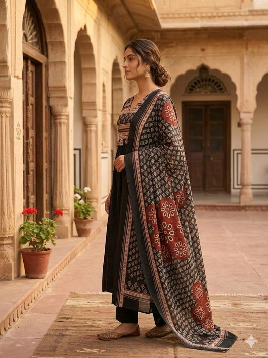 Women's Black Block Print A-Line Suit Set