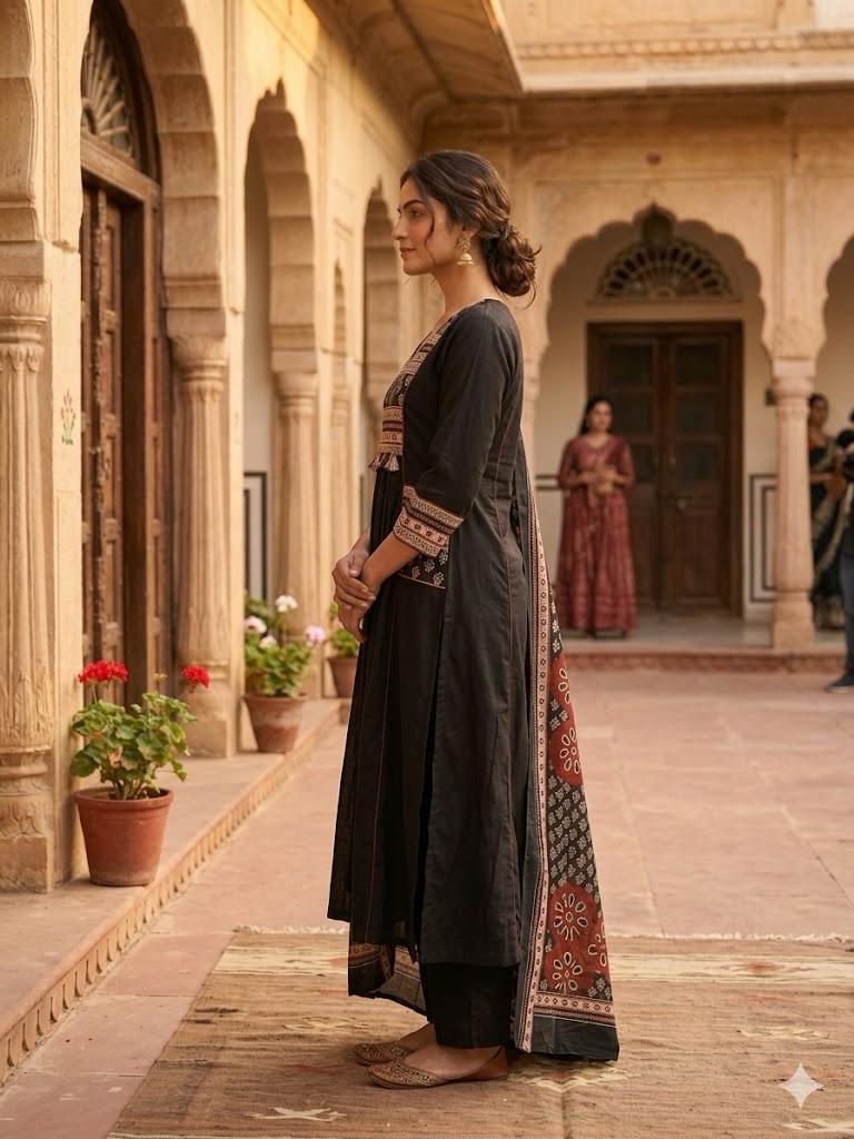 Women's Black Block Print A-Line Suit Set