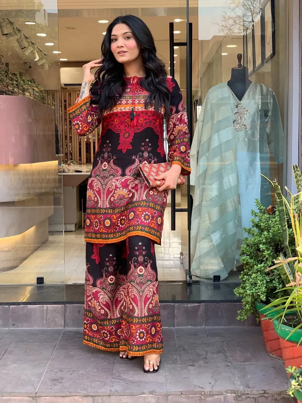 Women's Keyhole Neck Printed Tunic and Palazzo Set
