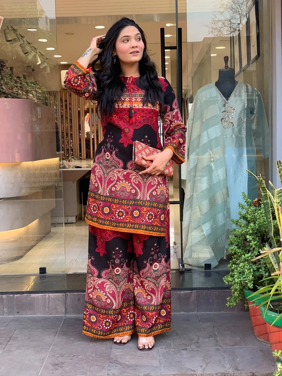 Women's Keyhole Neck Printed Tunic and Palazzo Set