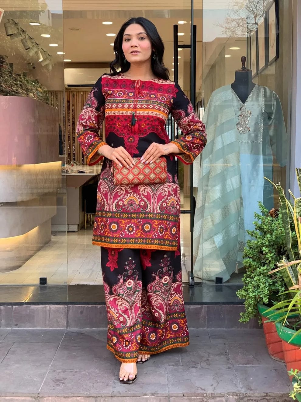 Women's Keyhole Neck Printed Tunic and Palazzo Set