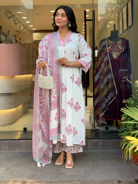 Women's V-Neck Cotton Anarkali Set with Dupatta