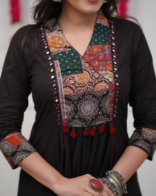 Premium A-Line Black Anarkali Kurta Set with Embroidered Yoke