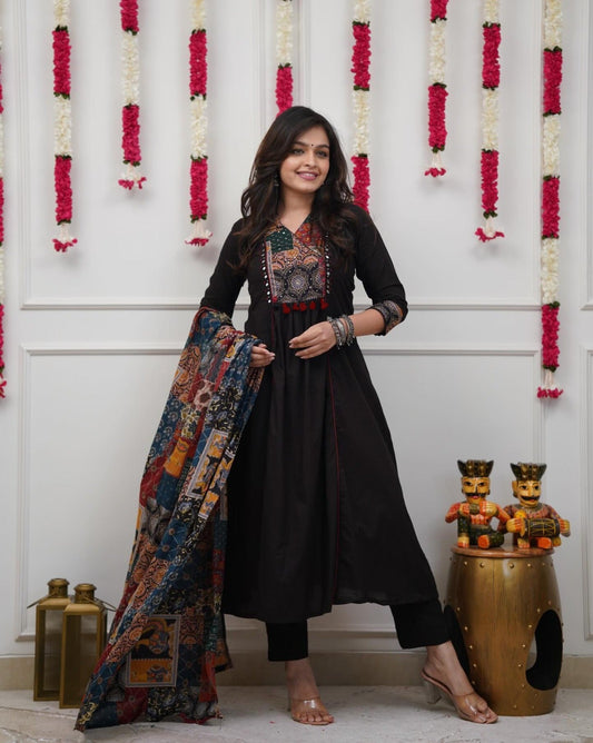 Premium A-Line Black Anarkali Kurta Set with Embroidered Yoke