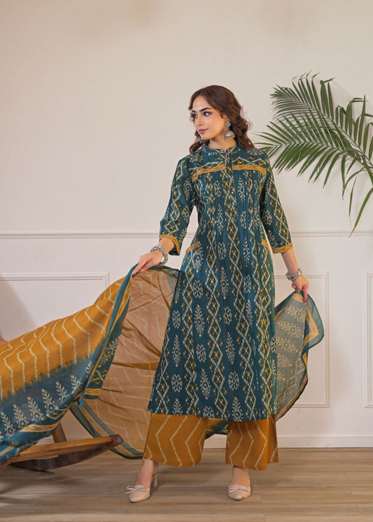 Geometric Green Ikat Print Cotton Kurta with Palazzo & Dupatta Set