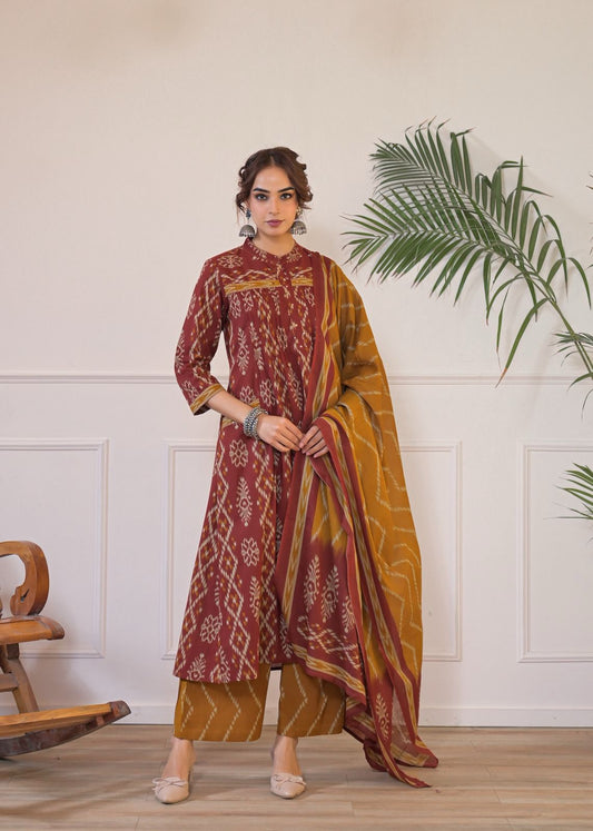 Geometric Maroon Ikat Print Cotton Kurta with Palazzo & Dupatta Set