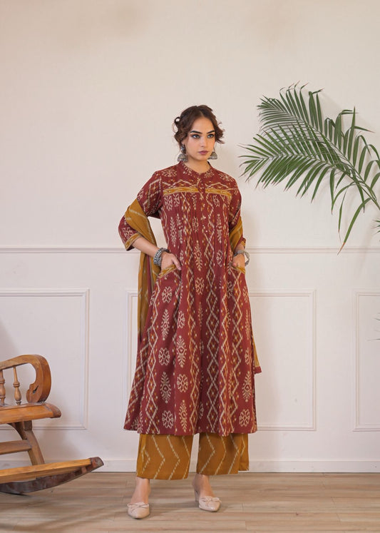 Geometric Maroon Ikat Print Cotton Kurta with Palazzo & Dupatta Set