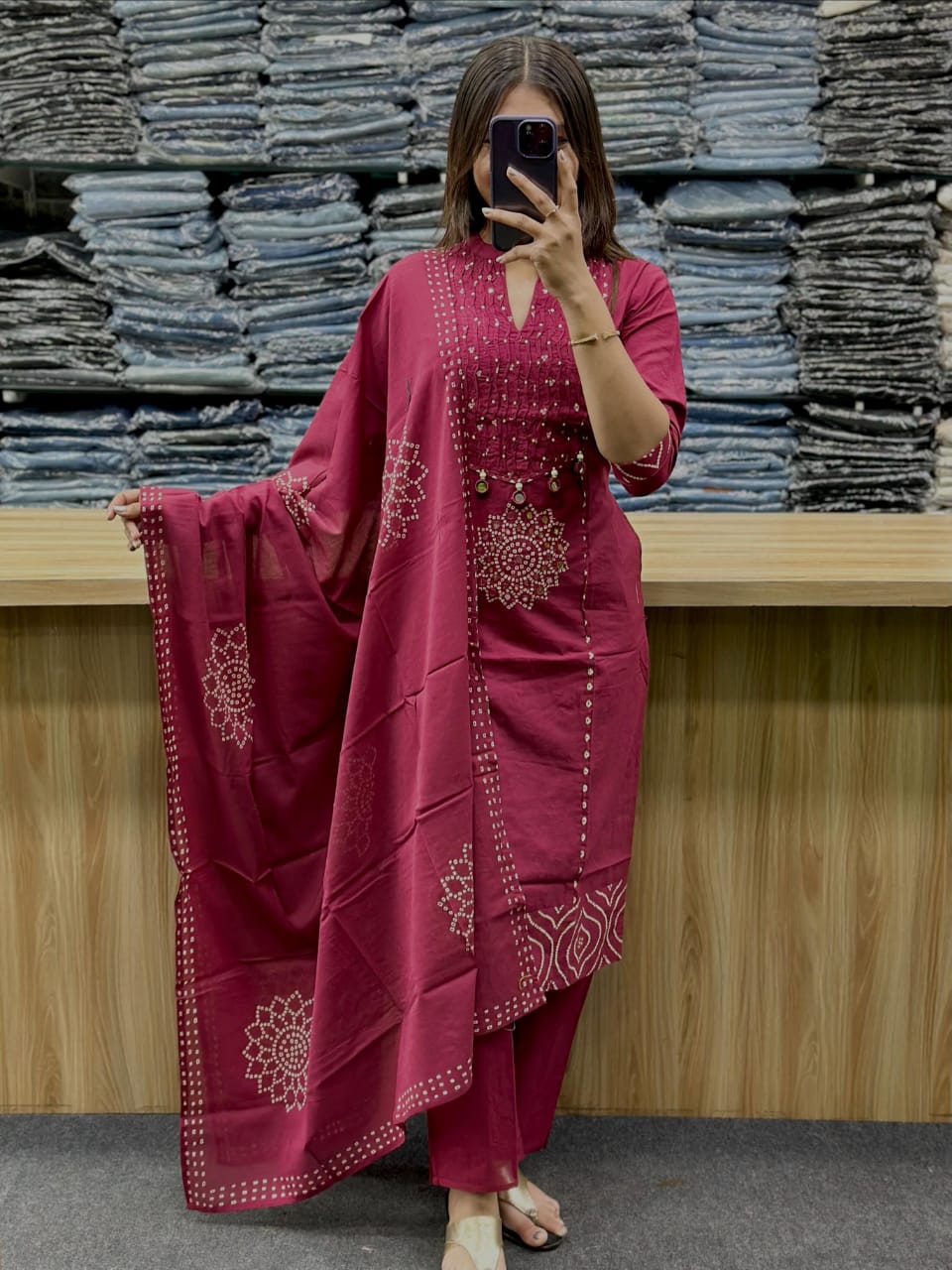 Rani Pink Gola Straight Cotton Kurta Pant Dupatta Set