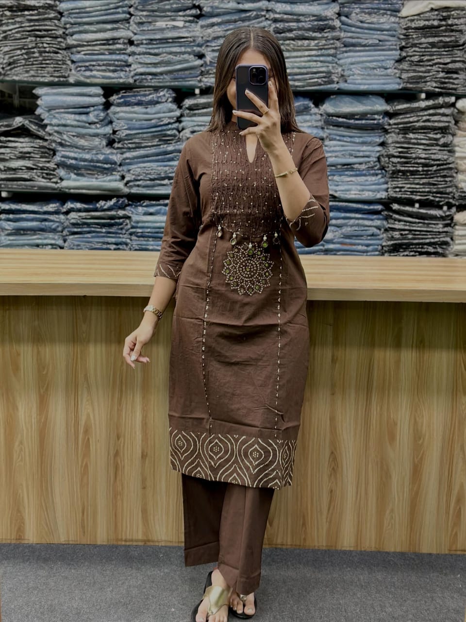 Chocolate Brown Gola Straight Cotton Kurta Pant Dupatta  Set