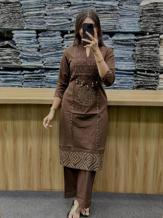 Chocolate Brown Gola Straight Cotton Kurta Pant Dupatta  Set