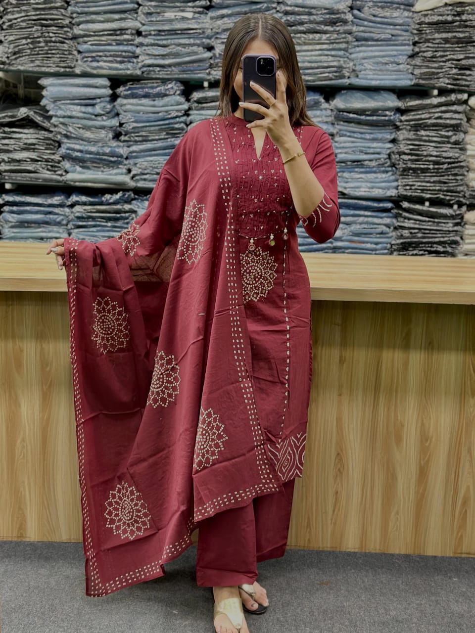 Wine Gola Straight Cotton Kurta Pant Dupatta Set