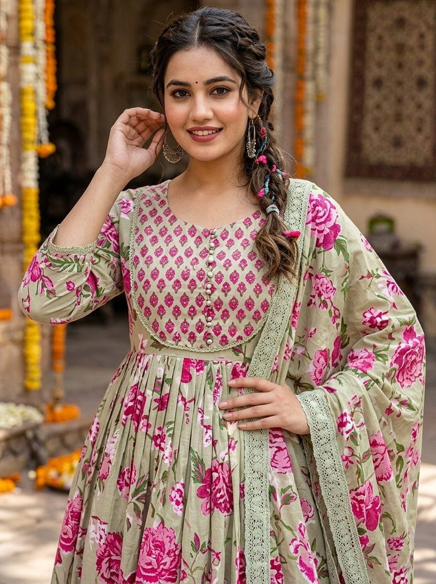 Sage Green Floral Anarkali Kurta Pant Dupatta Set