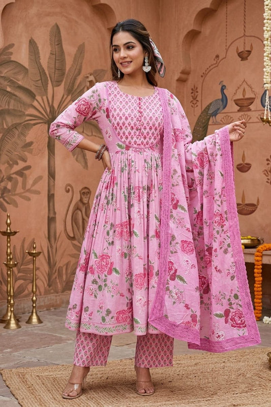 Pink Floral Anarkali Kurta Pant Dupatta Set