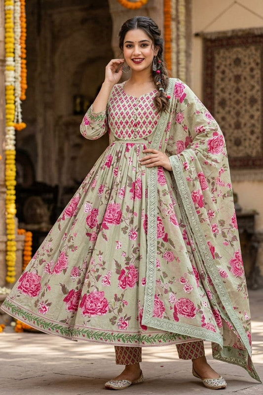 Sage Green Floral Anarkali Kurta Pant Dupatta Set