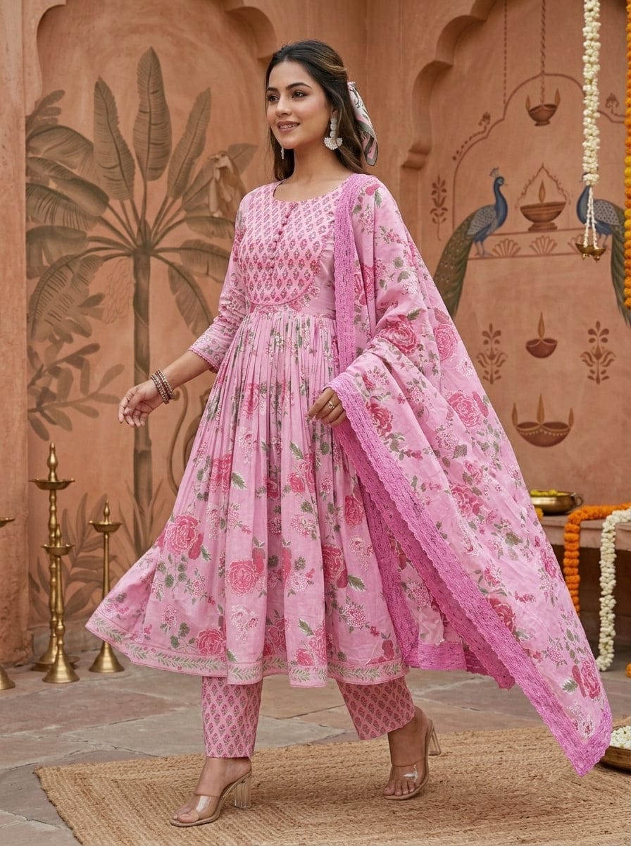 Pink Floral Anarkali Kurta Pant Dupatta Set