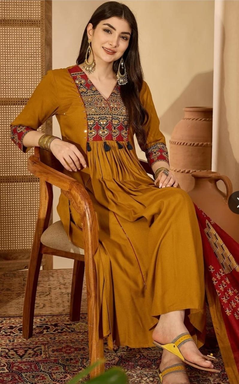 KIMAYRA Mustard Yellow Embroidered Empire Anarkali Kurta Set