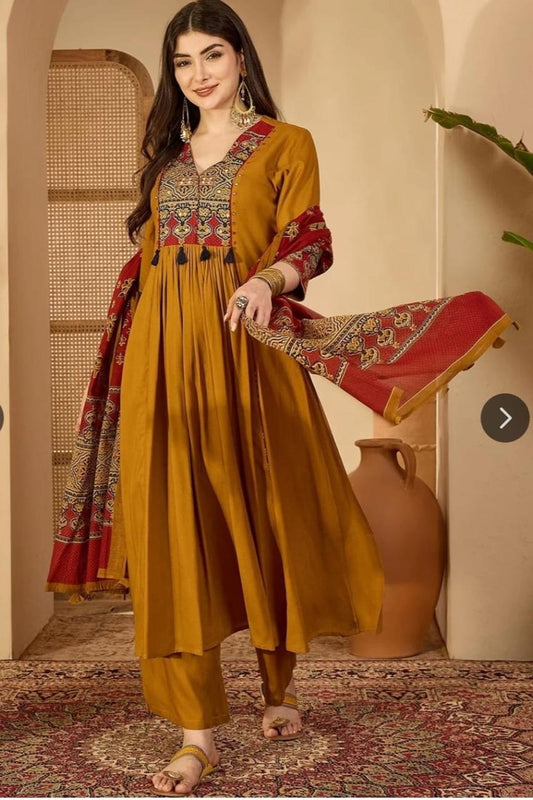 KIMAYRA Mustard Yellow Embroidered Empire Anarkali Kurta Set