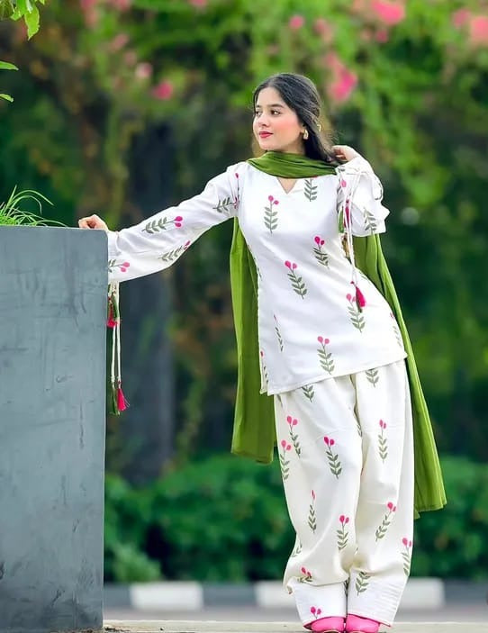 Pure Cotton Printed Farshi Salwar Suit for Women with Green Dupatta