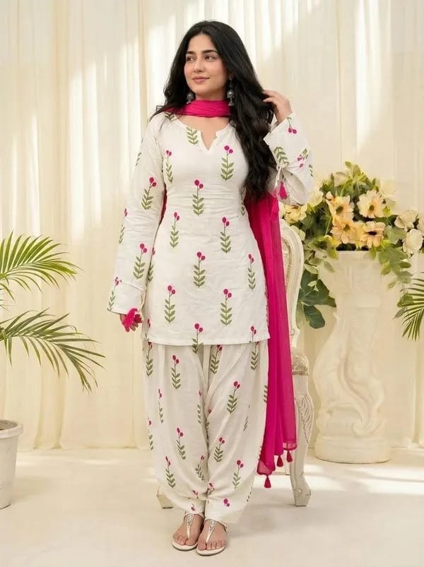 Pure Cotton Printed Farshi Salwar Suit for Women with Pink Dupatta