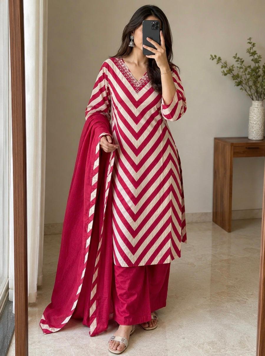 Pure Cotton Pink Printed Neck Embroidered Kurta Dupatta Set