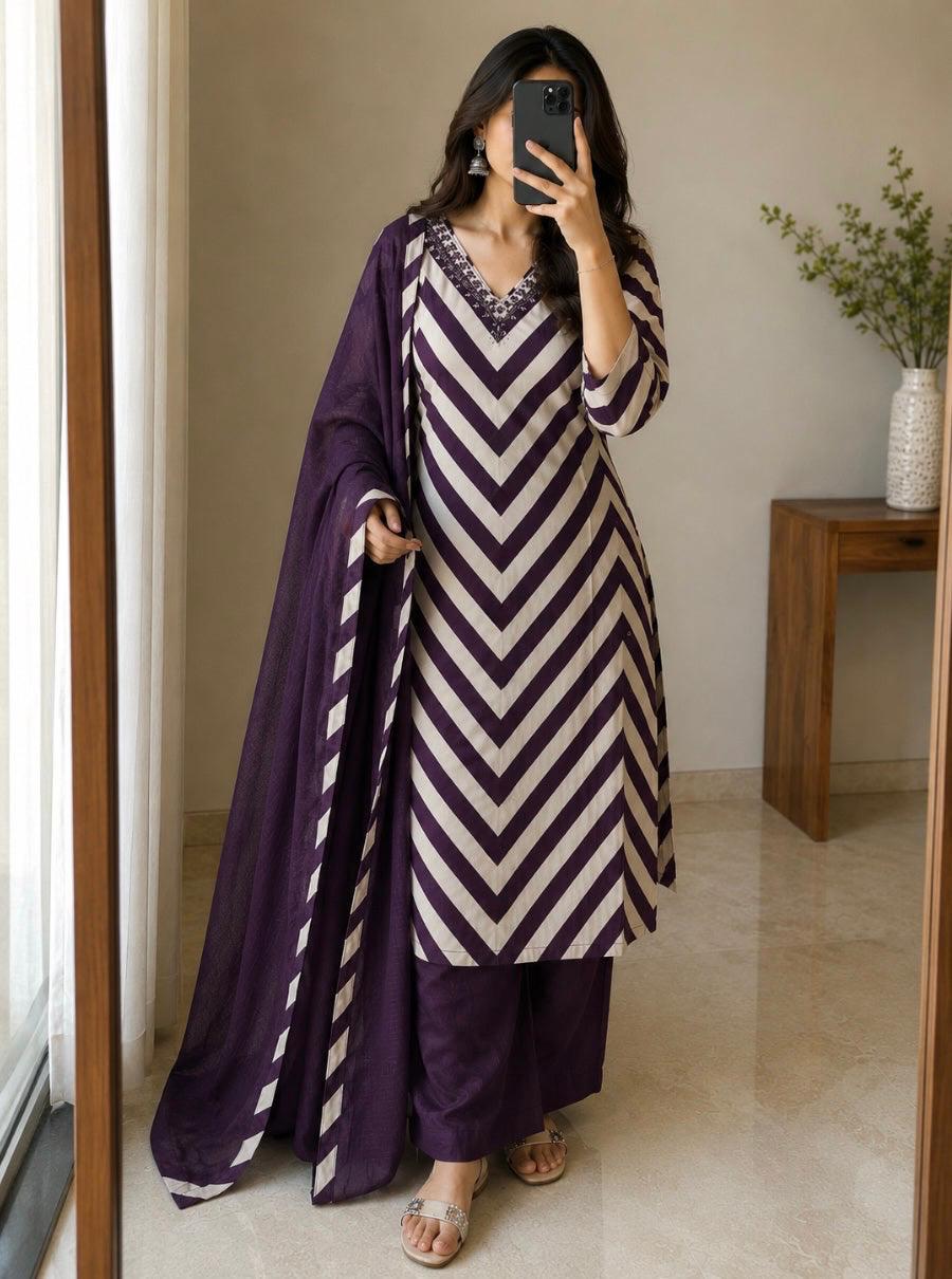 Pure Cotton Purple Printed Neck Embroidered Kurta Dupatta Set